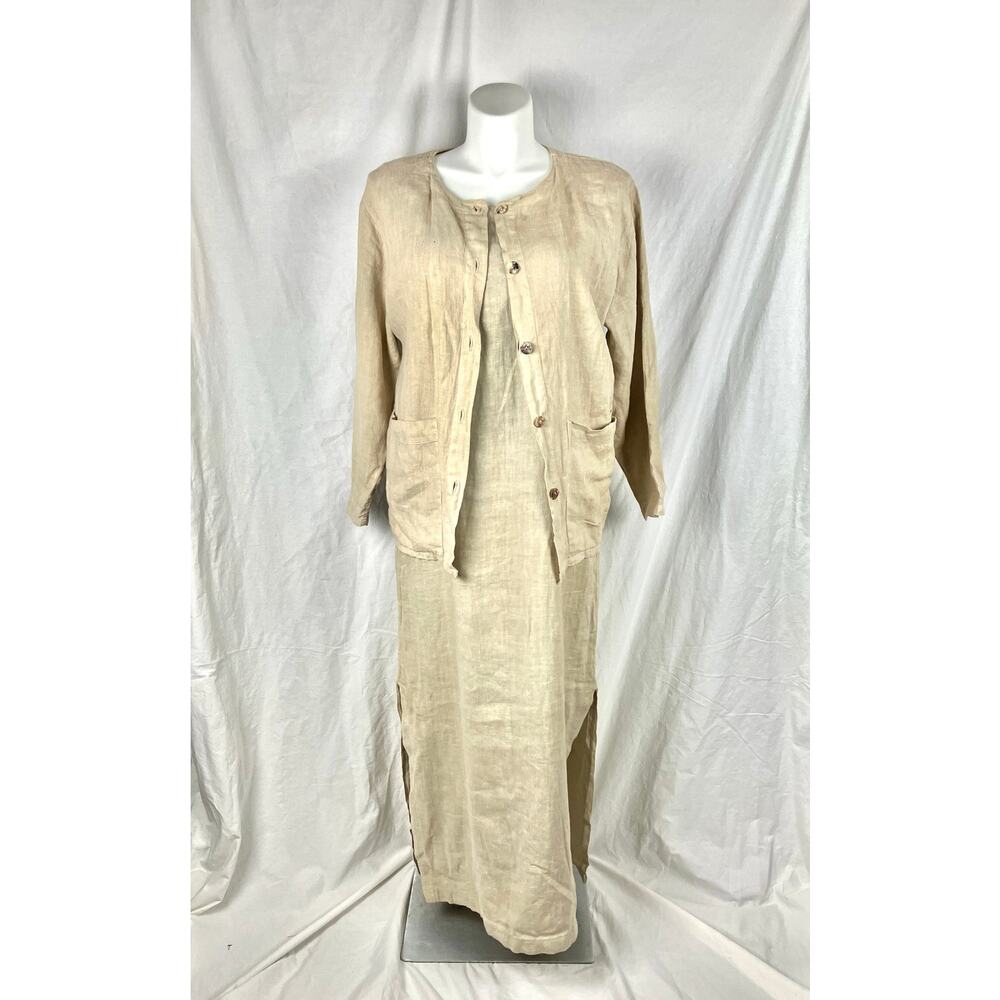 C.C. Collection Beige Linen Dress Cardigan Set Size L Lagenlook Coastal USA READ
